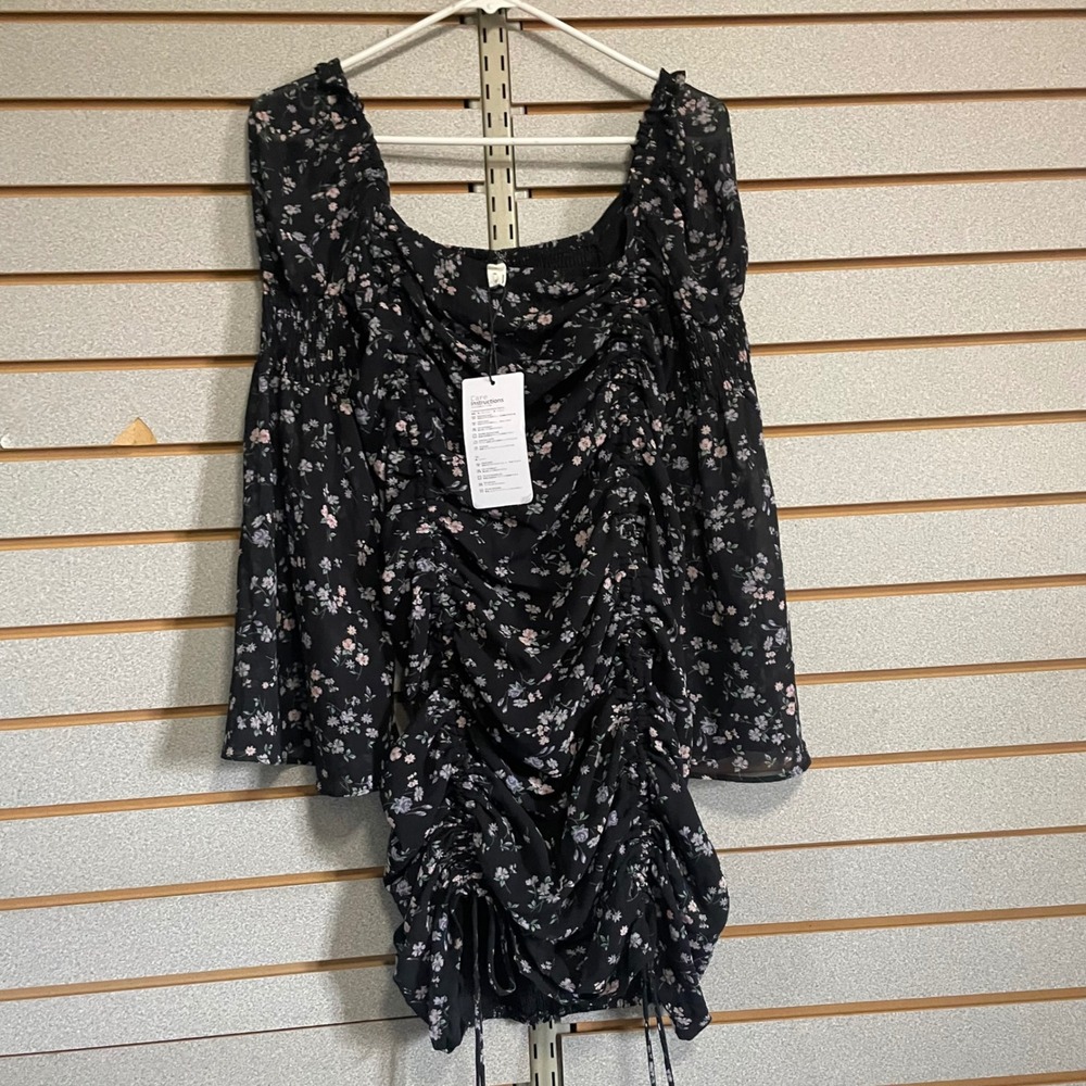NWTS New Exlura Black Floral Dress Ruched Mini Dress Women's Small